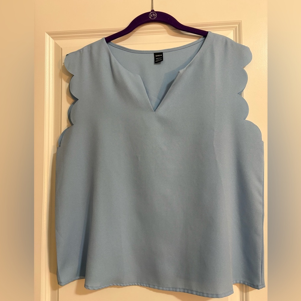 SHEIN Light Blue Scallop Edge V-Neck Blouse